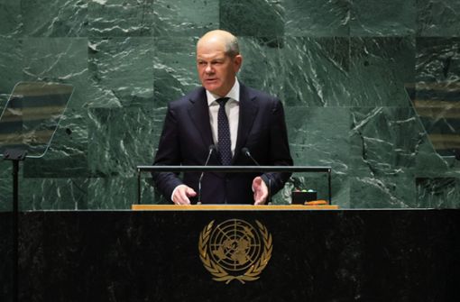 Bundeskanzler Olaf Scholz spricht vor den Vereinten Nationen. Foto: Getty Images via AFP/MICHAEL M. SANTIAGO