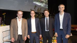 Die Kandidatenriege: Martin Böhm, Johannes Fridrich, Jochen Wahler und Matthias Ruckh (von links) wollen Oberbürgermeister von Nürtingen werden. Foto: Horst Rudel