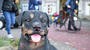 Plastikhund Iwan soll in Esslingen Radfahrer vom Gehweg verscheuchen. Foto: dpa/Bernd Weißbrod