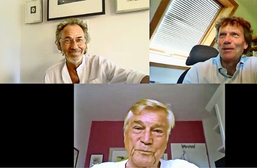 Hugo Egon Balder (oben links), Hartmut Rosa (oben rechts) und Jochen Busse im Nachtschicht-Gespräch, das dieses Mal nur im Internet gezeigt wird. Foto: Nachtschicht