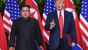Von bizarr bis präsidial: In den USA wurde der Auftritt Trumps mit dem nordkoreanischen Diktator Kim Jong-un kontrovers diskutiert. Foto: AP Pool