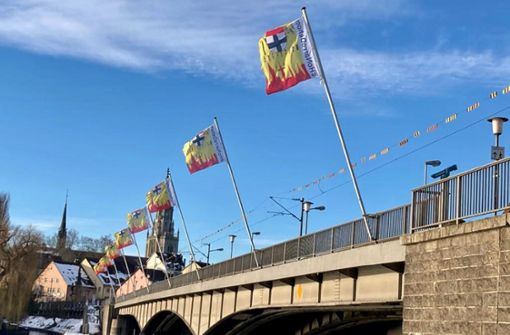 In Konstanz werben die Fasnachtsvereine auf Flaggen, die auch an der Rheinbrücke hängen,  und unter dem Hashtag #HoNarroDehom für eine  Fasnacht zu Hause. Foto: privat