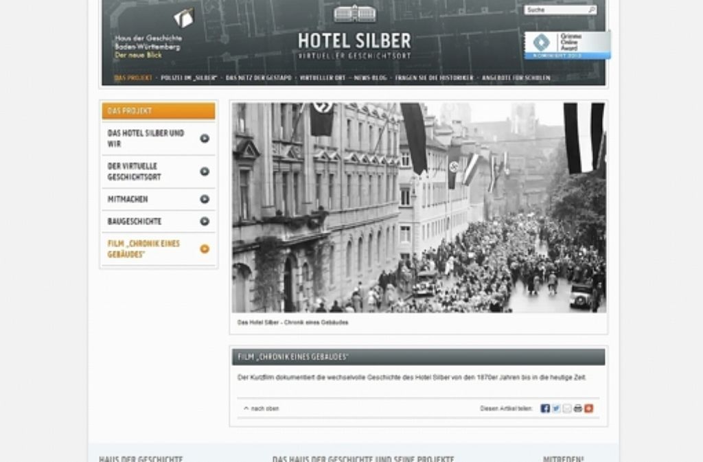 Das Haus der Geschichte zeigt auf seiner Internetseite www.geschichtsort-hotel-silber.de das Projekt zur Gedenkstätte. Screenshot: StN