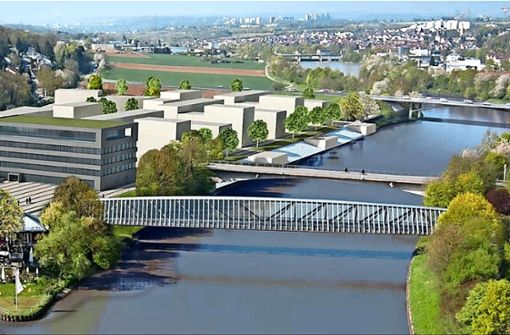 Die Neue Mitte Remsecks: Neben  Rathaus und  Stadthalle (Vordergrund) soll eine neue Neckarbrücke (Hintergrund) entstehen. Wann, ist aber noch offen. Foto: Stadt Remseck