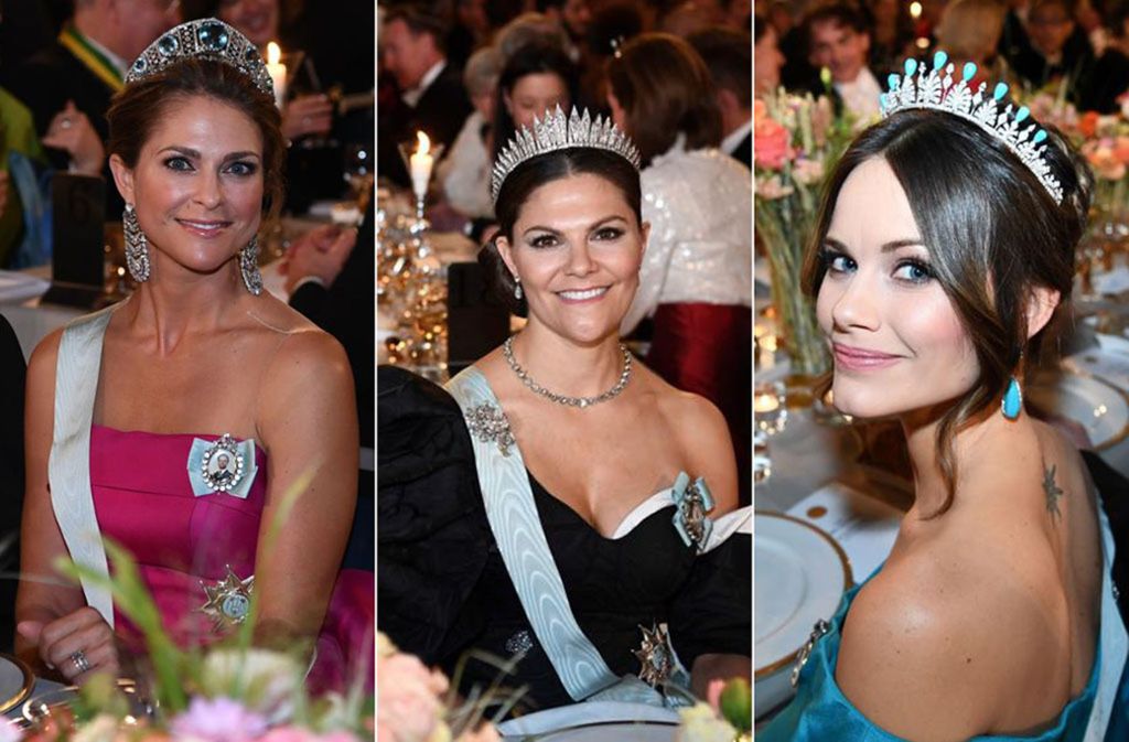 Drei Prinzessinnen, drei spektakuläre Looks (von links): Prinzessin Madeleine, Kronprinzessin Victoria und Prinzessin Sofia beim Nobelbankett. Foto: AFP/JONATHAN NACKSTRAND