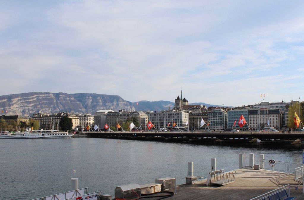 Aus der Silhouette der Stadt Genf, vom gleichnamigen See aus gesehen, ragen die Türme der Kathedrale Saint-Pierre markant heraus.