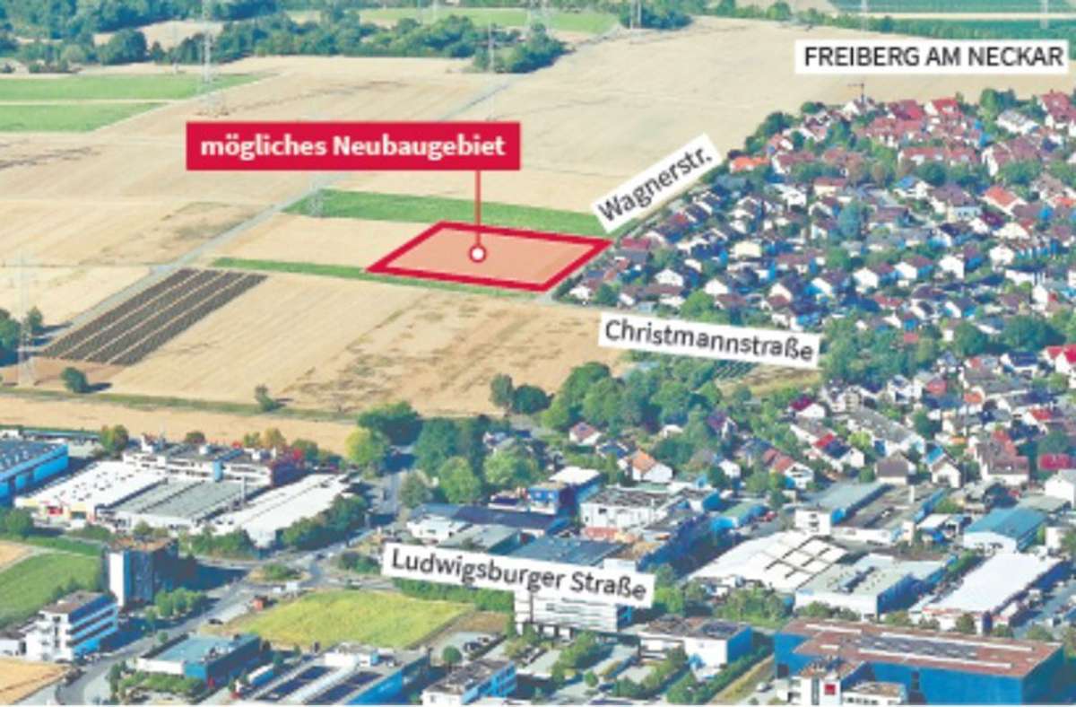 Am Ortsrand von Freiberg –  Richtung Ludwigsburg – soll ein Neubaugebiet entstehen. Am linken Bildrand ist zwischen Bäumen  der Milleniumshügel zu erahnen. Foto: W. Kuhnle / Bearbeitung: Lange