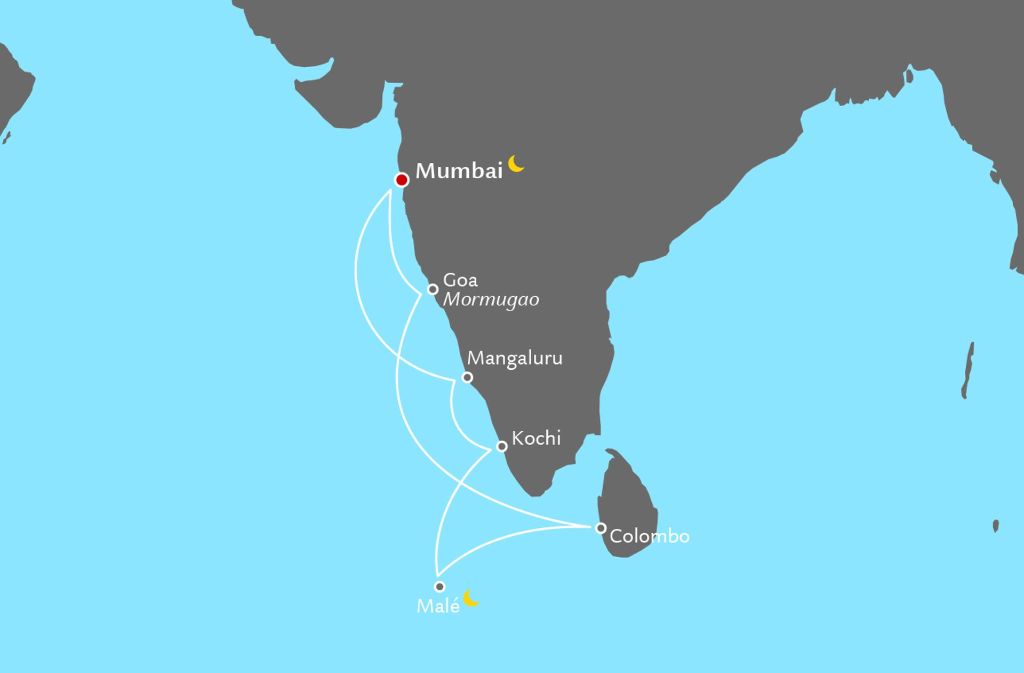 Die Reise startet in Mumbai und führt dann die Westküste Indiens entlang bis nach Sri Lanka und auf die Malediven.