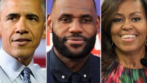 Barack und Michelle Obama sollen gemeinsam mit NBA-Star LeBron James (mi.) ein Serienprojekt planen. Foto: Evan El-Amin/Shutterstock.com/Tinseltown/EPG_EuroPhotoGraphics