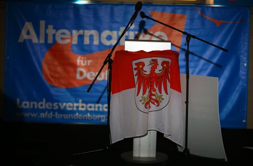 Eine Fahne des Landes Brandenburg vor einem AfD-Plakat. Foto: dpa
