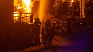 Großeinsatz für die Feuerwehr in Altbach: Meterhohe Flammen schlagen aus Gitterboxen mit Elektroschrott. Foto: 7aktuell.de/Simon Adomat