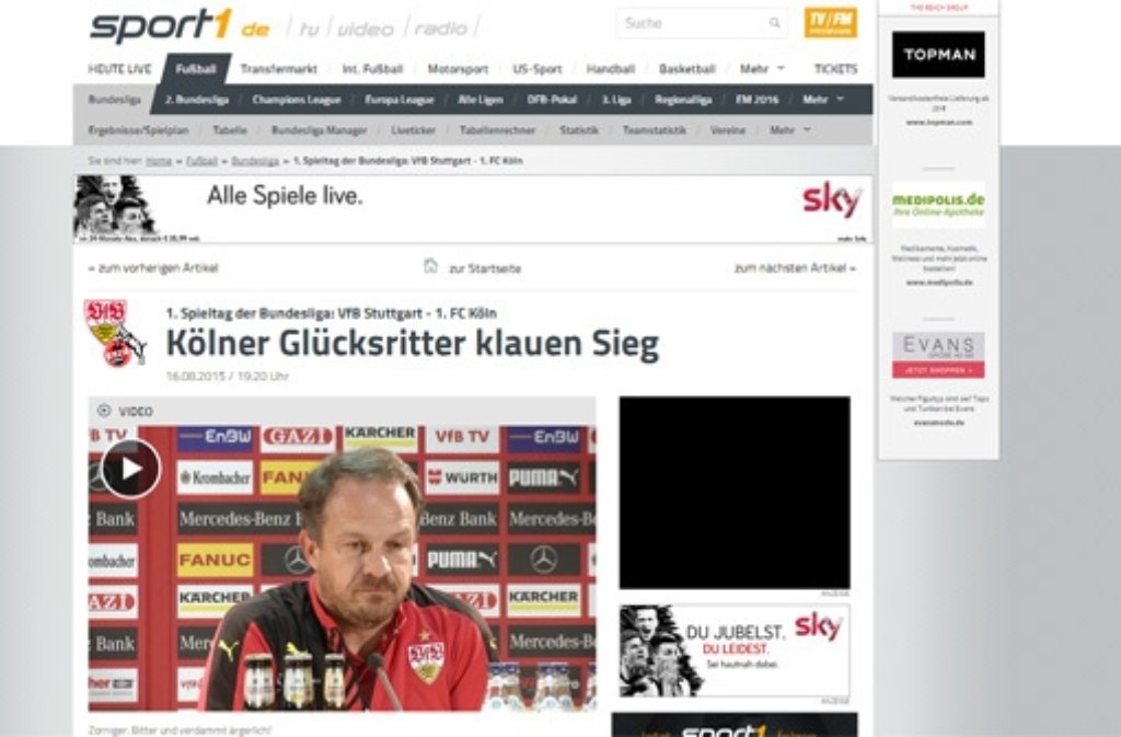 „Kölner Glücksritter klauen Sieg“: Das schreibt Sport1 zur Niederlage des VfB Stuttgart gegen den 1. FC Köln.