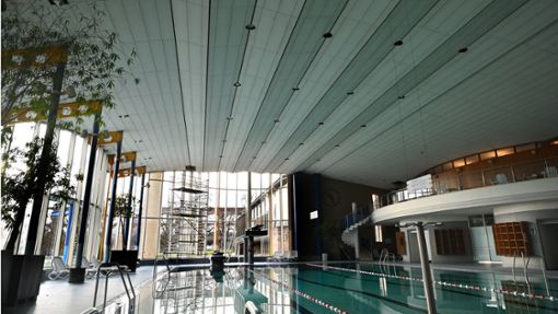 1000 Quadratmeter   Deckenfläche  in der Schwimmhalle in Bietigheim werden  Modul für Modul an der  Unterkonstruktion befestigt. Foto: Werne/Kuhnle