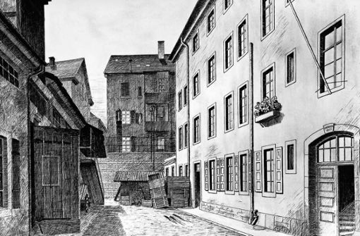 Der Geburtsort der Bosch GmbH im Jahr 1886: Die Werkstatt  befand sich im Erdgeschoss des Hinterhauses Rotebühlstraße 75 B (Gebäude rechts). Foto: Archiv,Federzeichnung/cf