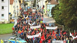 Protestzug der  Mitarbeiter in Friedrichshafen Foto: ZF