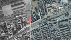 Vergleich der Luftaufnahmen aus den Jahren 1955 und 2017. Foto: Stadtmessungsamt Stuttgart