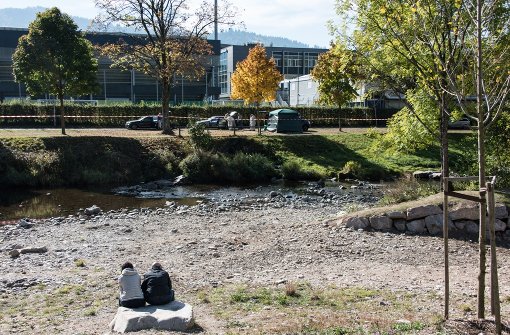 Polizeibeamte der Spurensicherung suchen in Freiburg einen Leichenfundort hinter dem Stadion des SC Freiburg an der Dreisam ab. Foto: dpa