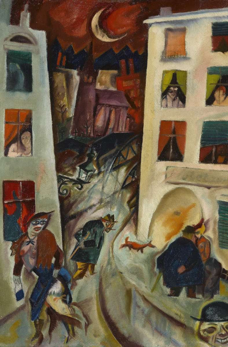 Menschen auf der Straße und hinter den Fenstern: „Die Straße“ (1915) von Georg Grosz.