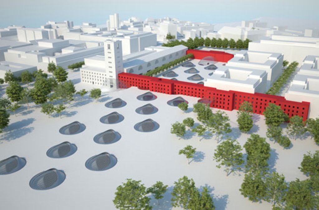 Der Straßburger Platz mit seinen Glasaugen im Modell von Architekt Christoph Ingenhoven. Rot eingezeichnet die Bahnhofsflügel, die für Ingenhovens Entwurf weichen müssen.  Foto: ingenhoven architects