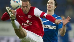 Der Mainzer Nikolce Noveski (links) kämpft mit dem Hoffenheimer Srdjan Lakic um den Ball.  Foto: dpa