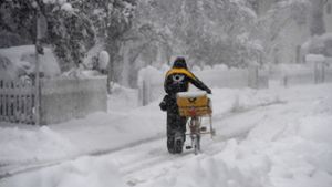 Ein Postbote schiebt sein Fahrrad durch den hohen Schnee. Foto: dpa/Angelika Warmuth