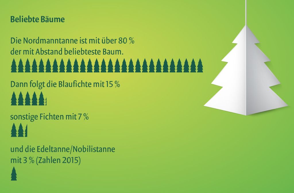 Diese Weihnachtsbäume sind am beliebtesten: Der Lieblingsbaum der Deutschen ist die Nordmanntanne. Sie wird von 80 Prozent der Deutschen gekauft. Eher unbeliebt ist die Nobilistanne – sie stand 2015 nur in drei Prozent der deutschen Wohnzimmer.
