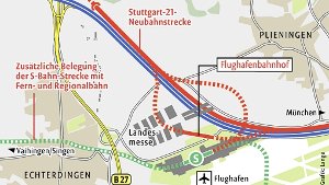 Die bisherige Planung sieht vor, dass Fernzüge aus Singen die S-Bahn-Station am Flughafen mitnutzen... Foto: StN-Grafik: Lange