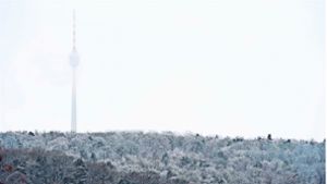 Die markante Silhouette des Stuttgarter Wahrzeichens schimmert durch eine weiße Wand. Die Baumkronen des Bopserwalds sind schneebedeckt. Foto: dpa