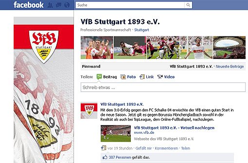 Aktuelle Infos, Bilder und jede Menge Kommentare und Reaktionen von den Fans - ein Profifußball-Klub ohne eigenen Facebook-Auftritt ist heute nicht mehr denkbar. Der VfB Stuttgart wird die Schallmauer von 200.000 Anhängern bald brechen. Hier die Rangliste der Bundesligavereine: Foto: SIR/Screenshot