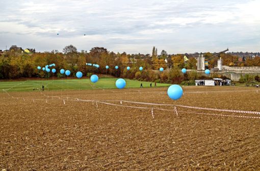 Blaue Ballons weisen den Weg: Nach  Einschätzung der Initiative „Wir für morgen“ verläuft  die Zufahrt  über die Felder unterhalb des  Schlossbergs. Die zwei Ballons hoch über den Bäumen   verdeutlichen die  Höhe der  Brücke  über den Neckar. Foto: factum/Weise