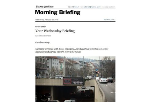 Ein Screenshot des „Morning Briefing“ mit dem Bild aus Stuttgart. Foto: Screenshot/www.nytimes.com