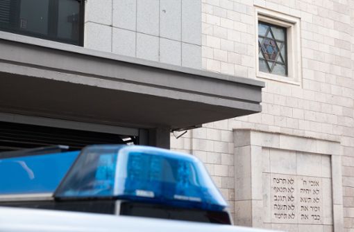 Ein Polizeiauto steht vor einer Synagoge (Archivfoto). Foto: dpa/Gregor Bauernfeind