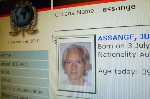 Verhaftet: Screenshot der Website von Interpol mit der Fahndungsanzeige des Wikileaks-Gründers Julian Assange. Der wegen Vergewaltigungsvorwürfen in Schweden gesuchte Assange hat sich am Dienstag in London der britischen Polizei gestellt. Foto: dpa