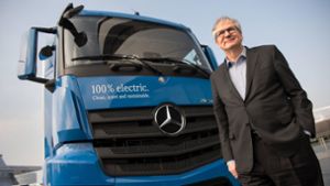 Mit einem batteriebetriebenen E-Actros will Daimler-Truck-Chef Martin Daum am Freitag auf den Frankfurter Börsenplatz rollen. Foto: dpa/Marijan Murat