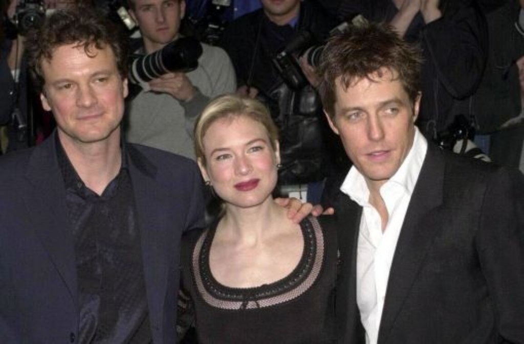Colin Firth (links) neben seinen Bridget Jones Kollegen Réne Zellweger und Hugh Grant, der einen Tag früher, am 9. September 50 Jahre alt wird.