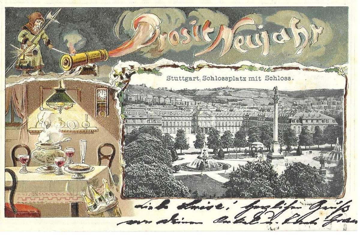 Diese Neujahreskarte vom Stuttgarter Schlossplatz ist 1902 verschickt worden.