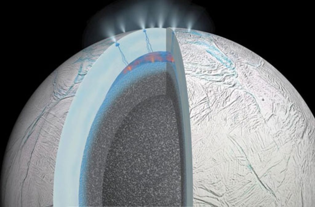 Die Grafik zeigt die Schichten des Saturnmondes Encladus. Foto: NASA/JPL-Caltech/dpa