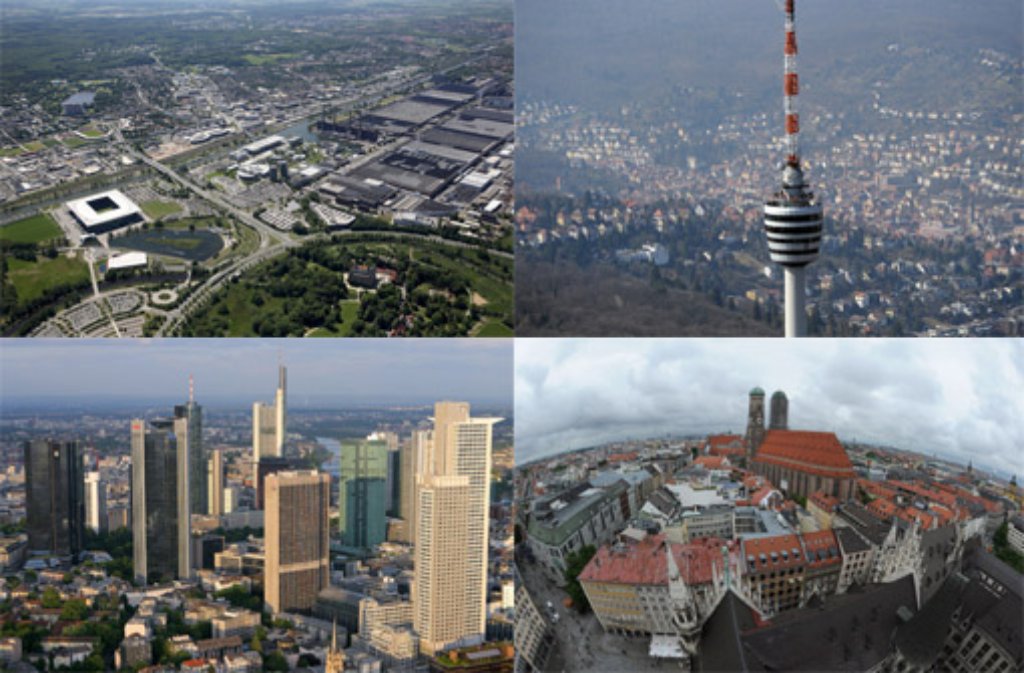 Klein, aber oho: Wolfsburg (links oben), Sitz des VW-Konzerns, hat unter den Städten hierzulande die größte Wirtschaftskraft pro Kopf. Eine Studie zeigt, dass nicht nur bekannte Metropolen wie München (rechts unten) Zugkraft haben. In unserer Fotostrecke stellen wir die zwanzig wirtschaftsstärksten Städte Deutschlands vor - klicken Sie sich durch.