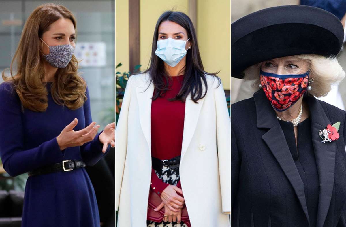 Herzogin Kate, Königin Letizia und Herzogin Camilla (von links) setzen alle unterschiedliche Akzente bei ihren Masken. Foto: Imago