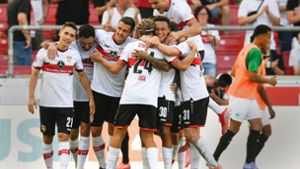 Die Mannschaft des VfB Stuttgart hat allen Grund zur Freude. Foto: AFP/THOMAS KIENZLE