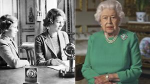 Zwischen diesen Bildern liegen fast 80 Jahre: Prinzessin Elizabeth und ihre jüngere Schwester Margaret bei einer Radioansprache im Zweiten Weltkrieg und die 93-jährige Queen bei ihrer Fernsehansprache zur Coronakrise im April 2020. Foto: dpa