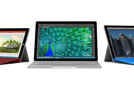 Das Surface Book (Mitte) reiht sich ein in die Surface-Familie, im Bild außerdem noch zu sehen: Surface 3 (l.) und Surface Pro 4 (r.). Foto: MICROSOFT