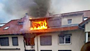 Als die Einsatzkräfte am Brandort ankommen, schlagen ihnen schon die Flammen aus dem Fenster entgegen. Foto: SDMG