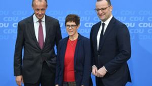 Friedrich Merz, Annegret Kramp-Karrenbauer und Jens Spahn (von links) Bewerben sich um den Posten als CDU-Vorsitzender. Foto: AFP