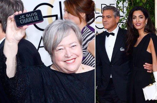 Je suis Charlie: Kathy Bates und George Clooney zeigten bei den Golden Globes ihre Solidarität mit den Opfern von Paris. Foto: dpa