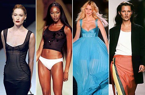 Supermodels mit Gigagagen: Carla Bruni, Naomi Campbell, Claudia Schiffer und Kate Moss (links) setzten im Modebusiness Maßstäbe. Bis heute sind sie jedem ein Begriff und dick im Geschäft - wie unsere Bildergalerie beweist. Foto: dpa, Bearbeitung: SIR