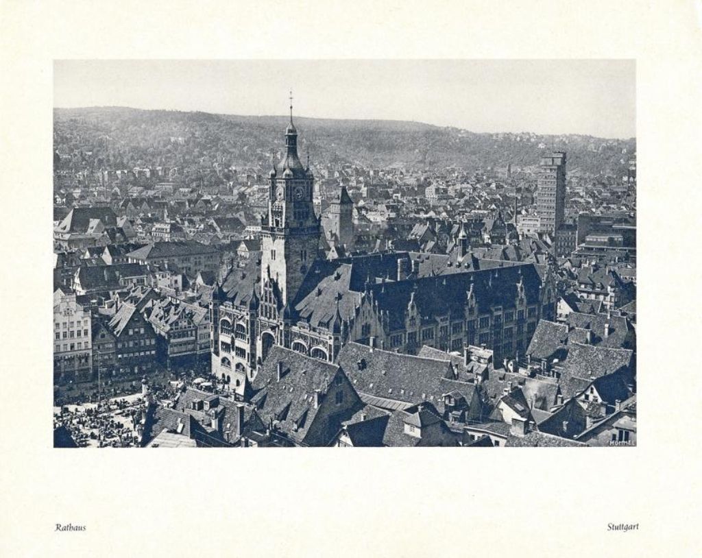 Das alte Stuttgarter Rathaus in den 1930ern, links unten der Marktplatz