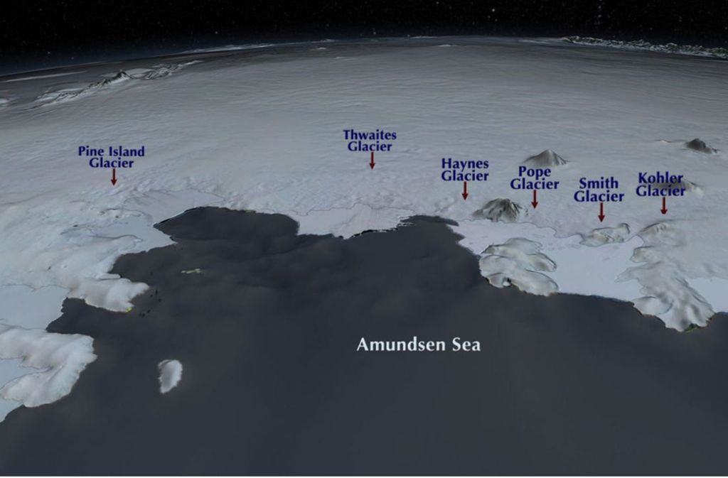 Das Gebiet um die Amundsensee, einem Randmeer des Südpolarmeers, das sich vor der Westküste des antarktischen Kontinents befindet. Hier liegen die großen Pine Island und Thwaites Gletscher.
