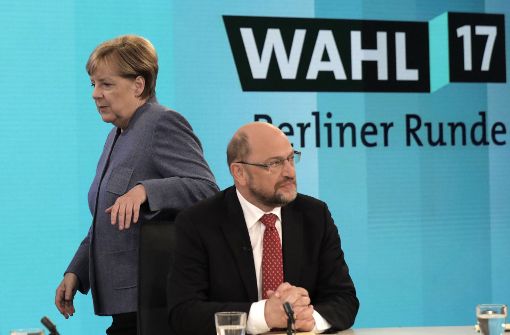 Das Ende der großen Koalition? Angela Merkel und Martin Schulz vor der TV-Runde der Parteivorsitzenden. Foto: POOL AP