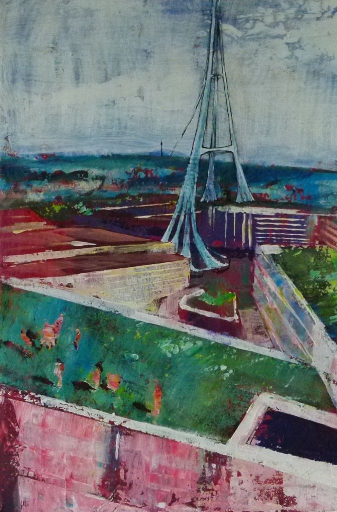 Uli Schmidt hat Stuttgart von oben gemalt (im Hintergrund der Fernsehturm): In seiner Vision grünt und blüht es auf den Dächern der Landeshauptstadt.